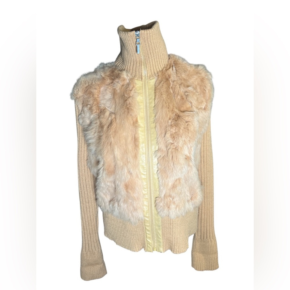 USA Leather vintage Tan turtle neck Cardigan Sweater 100% rabbit fur women’s 2XL